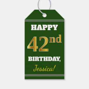 Étiquettes-cadeau Vert, Faux Gold 42e anniversaire + Nom personnalis