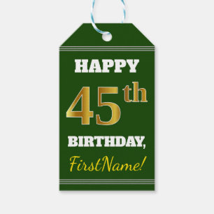 Étiquettes-cadeau Vert, Faux Gold 45e anniversaire + Nom personnalis