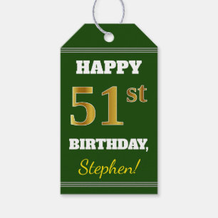 Étiquettes-cadeau Vert, Faux Gold 51e anniversaire + Nom personnalis