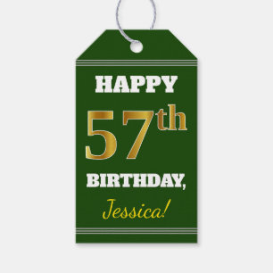 Étiquettes-cadeau Vert, Faux Gold 57e anniversaire + Nom personnalis