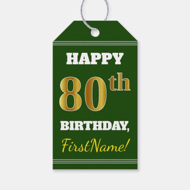 Étiquettes-cadeau Vert, Faux Gold 80e anniversaire + Nom personnalis (Devant)