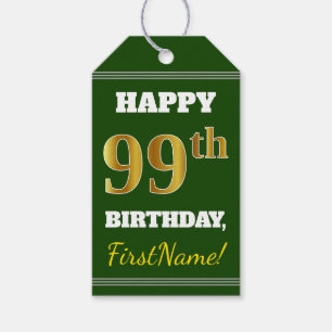 Étiquettes-cadeau Vert, Faux Gold 99e anniversaire + Nom personnalis