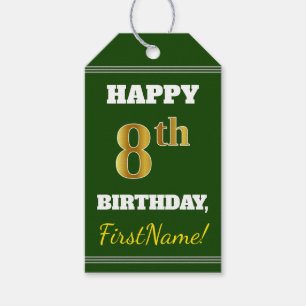 Étiquettes-cadeau Vert, Faux Or 8ème anniversaire + Nom personnalisé