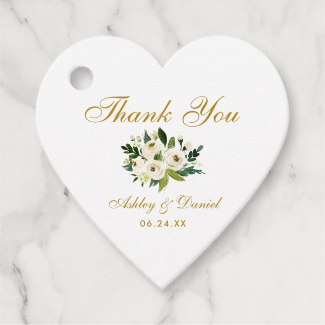 Étiquettes Cadeau Vert Floral Mariage or Merci coeur (Devant)