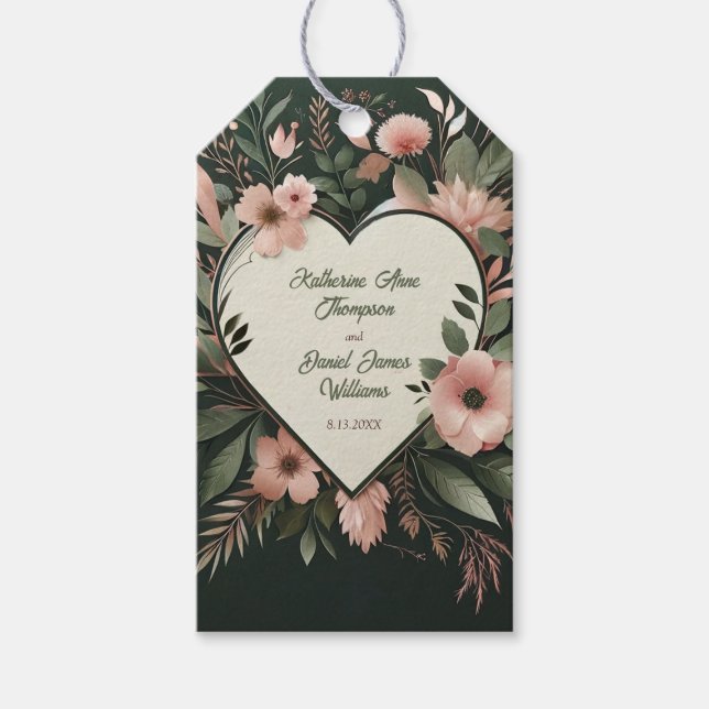 Étiquettes-cadeau Vert foncé luxuriant et rose pâle Mariage floral (Devant)