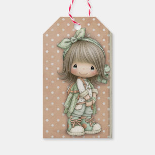 Étiquettes-cadeau Vert sage doux beige Fille aux grands yeux vintage