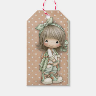 Étiquettes-cadeau Vert sage doux beige Fille aux grands yeux vintage