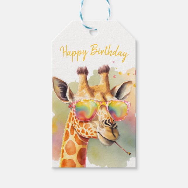 Étiquettes-cadeau Vibes d'été Aquarelle Giraffe - Joyeux anniversair (Devant)