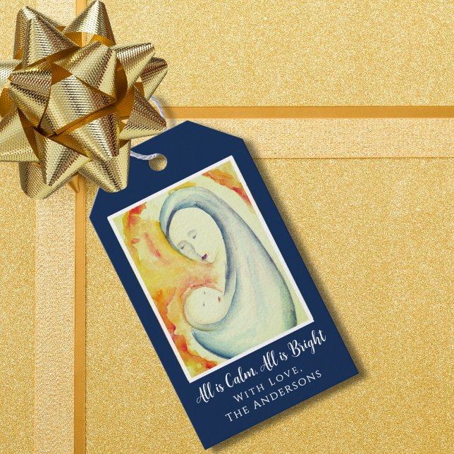 Étiquettes-cadeau Vierge de Noël religieuse et aquarelle d'enfant (Créateur téléchargé)