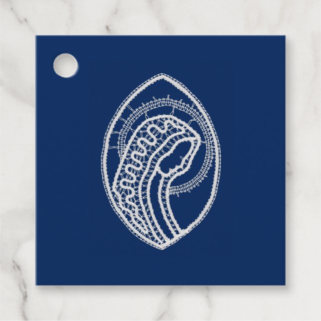 Étiquettes Cadeau Vierge Marie, dentelle blanche, bleu marine (Devant)