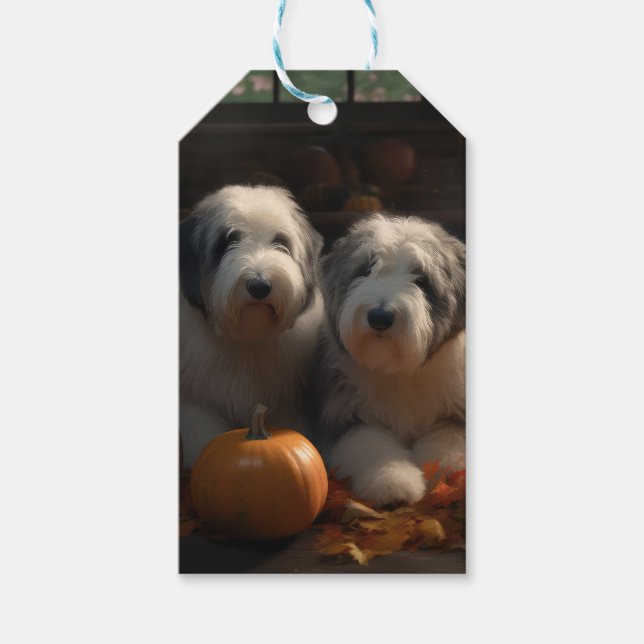 Étiquettes-cadeau Vieux anglais Sheepdog Chiot Chiot Automne Citroui (Devant)
