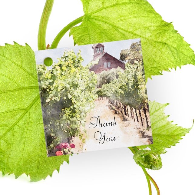 Étiquettes Cadeau Vignoble et Mariage d'aquarelle de la grange rouge (Personalize and attach this Vineyard Watercolor Tag to your wedding or bridal shower party favors.)