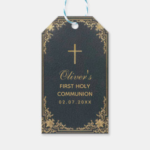 Étiquettes-cadeau Vintage Boy First Communion Blue Gold Cross Script