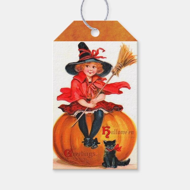 Étiquettes Cadeau vintage Halloween Little Witch (Devant)