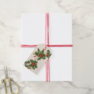 Étiquettes-cadeau Vintage Noël, Holly Plante avec les baies rouges
