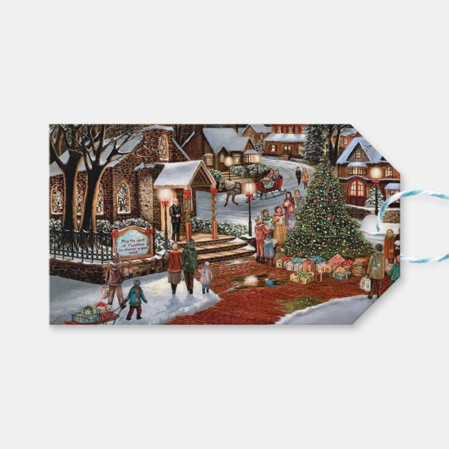 Étiquettes-cadeau Vintage Noël paysage enneigé (Devant (Horizontal))
