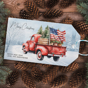 Étiquettes-cadeau Vintage Red Christmas Truck USA Drapeau Patriotiqu