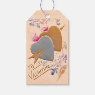 Étiquettes-cadeau Vintage Silver & Gold Hearts Valentine Postcard