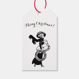 Étiquettes-cadeau Vintage xmas élégante fille shopping noir blanc
