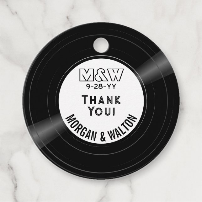 Étiquettes Cadeau Vinyl Record Monogramme Merci Blanc (Devant)