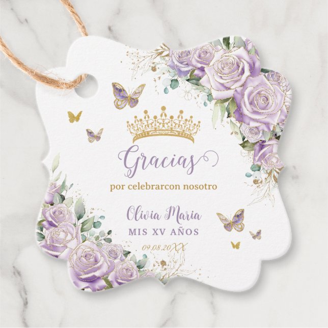 Étiquettes Cadeau Violet Lilac Rose Floral Quinceanera 15 Bilingue (Devant)
