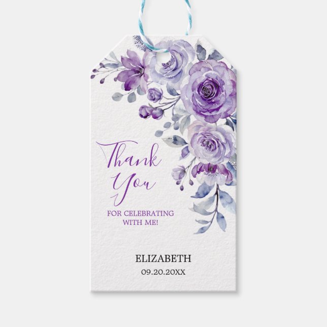 Étiquettes-cadeau Violet Rose verdure Floral Anniversaire Merci (Devant)