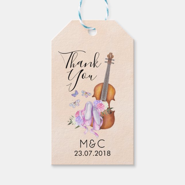 Étiquettes-cadeau Violon, Chaussures de Ballet, Fleurs et Papillons (Devant)