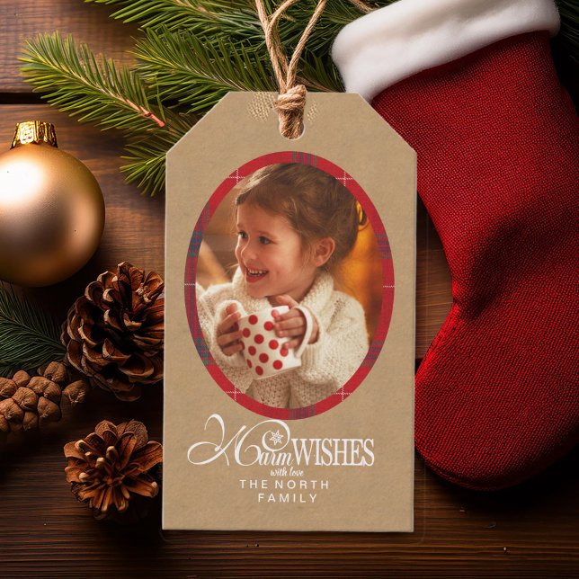 Étiquettes-cadeau Voeux Chauds Photo Kraft & Tartan Red ID589 (Créateur téléchargé)