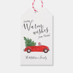 Étiquettes-cadeau Voeux chauds #Voiture rouge Vintage Tropical #Noël