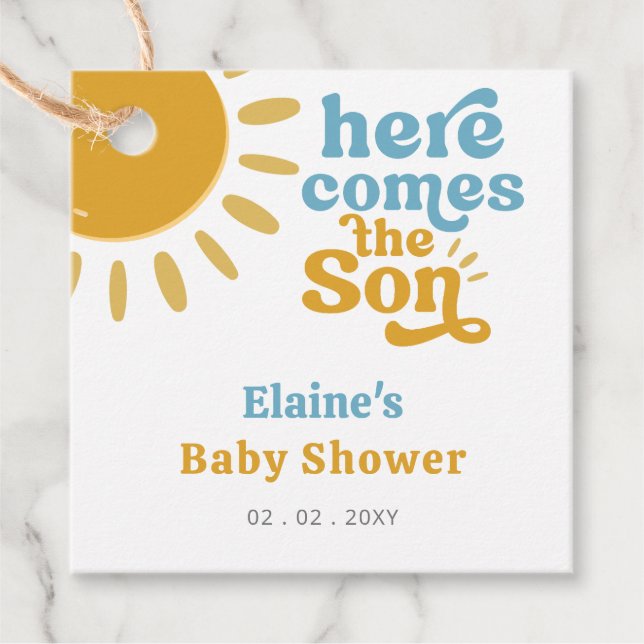 Étiquettes Cadeau Voici le baby shower retro de son boho (Devant)