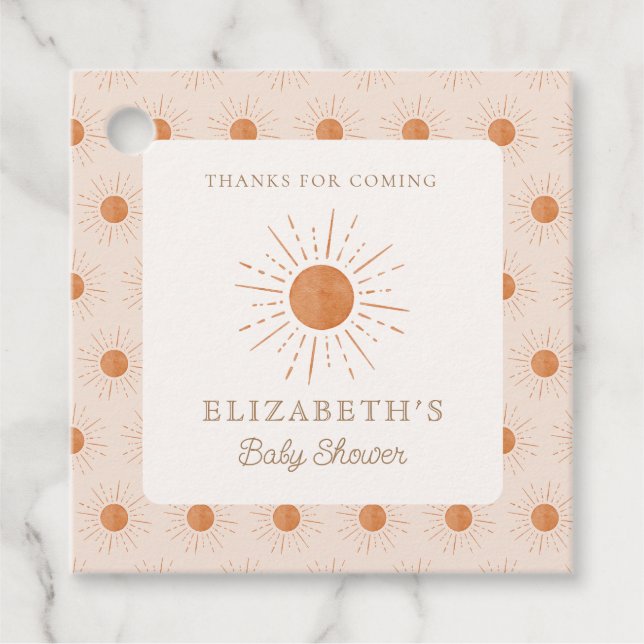 Étiquettes Cadeau Voici le soleil Brûlé Orange Baby shower Soleil (Devant)