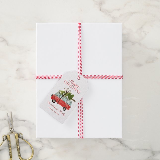 Étiquettes-cadeau voiture d'aquarelle de noël la plus joyeuse (Avec de la ficelle)