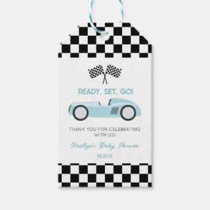 Étiquettes-cadeau Voiture de course bleue Prêt Partez Bébé Shower