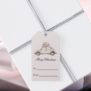 Étiquettes-cadeau Voiture de Noël rose vintage