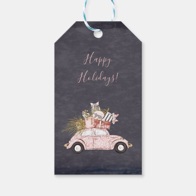 Étiquettes-cadeau Voiture rose moderne Noir Chalk Noël de vacances (Devant)