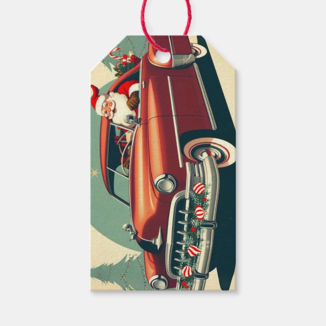 Étiquettes-cadeau Voiture rouge vintage & Père Noël (Devant)