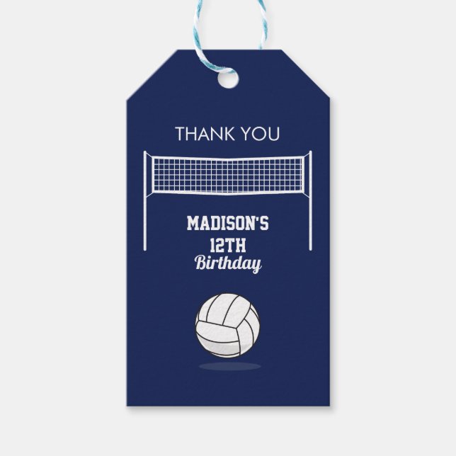 Étiquettes-cadeau Volleyball Ball & Net Marine Blue Anniversaire Nom (Devant)