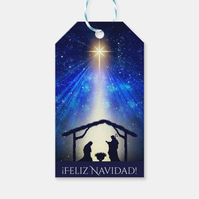 Étiquettes-cadeau Votre texte Feliz Navidad Bleue Nativité Noël (Devant)