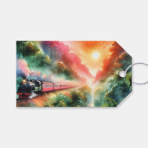 Étiquettes-cadeau Voyage en train au coucher de soleil tropical aqua