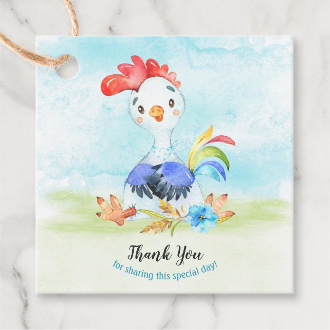 Étiquettes Cadeau Watercolor Booster Rooster Farm Merci (Devant)