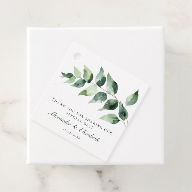 Étiquettes Cadeau Watercolor Eucalyptus Wedding | White (En situation)