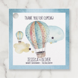 Étiquettes Cadeau Watercolor Hot Air Balloon Party en bleu