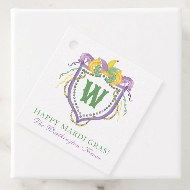 Étiquettes Cadeau Watercolor Mardi Gras Monogram Crest (Créateur téléchargé)