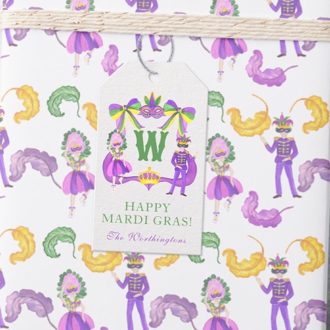 Étiquettes-cadeau Watercolor Mardi Gras Monogram Crest (Créateur téléchargé)