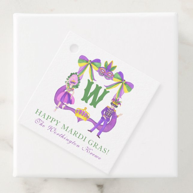 Étiquettes Cadeau Watercolor Mardi Gras Monogram Crest (Créateur téléchargé)