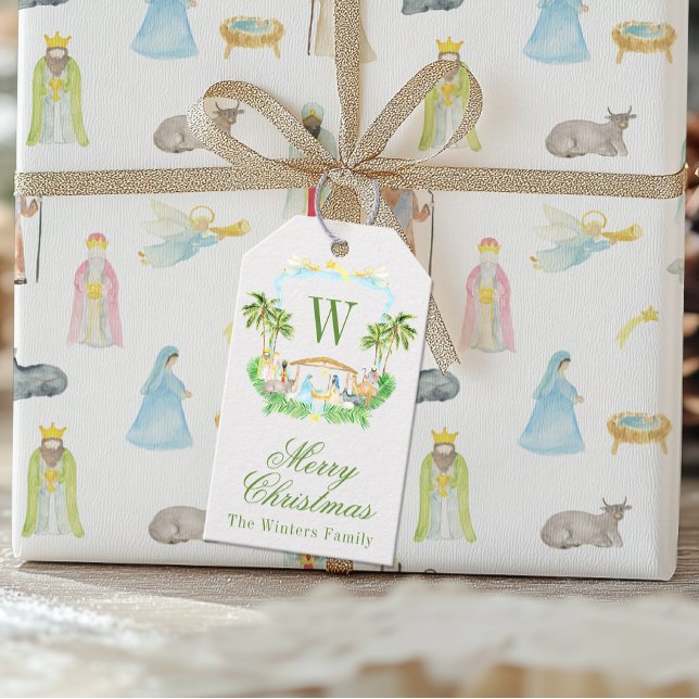 Étiquettes-cadeau Watercolor Nativity Monogram Crest Christmas (Créateur téléchargé)