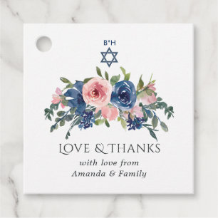 Étiquettes Cadeau Watercolor Navy et Blush FlorBat mitzvah