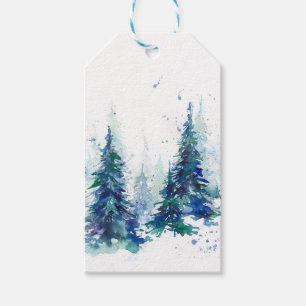 Étiquettes-cadeau Watercolor winter forest Christmas tree