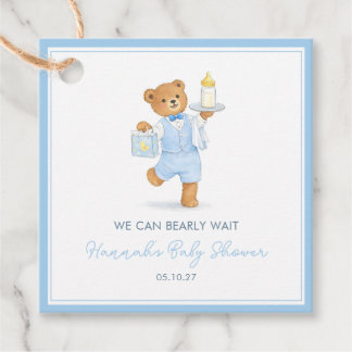 Étiquettes Cadeau We Can Bearly Wait Cute Blue Boy Teddy Baby Shower