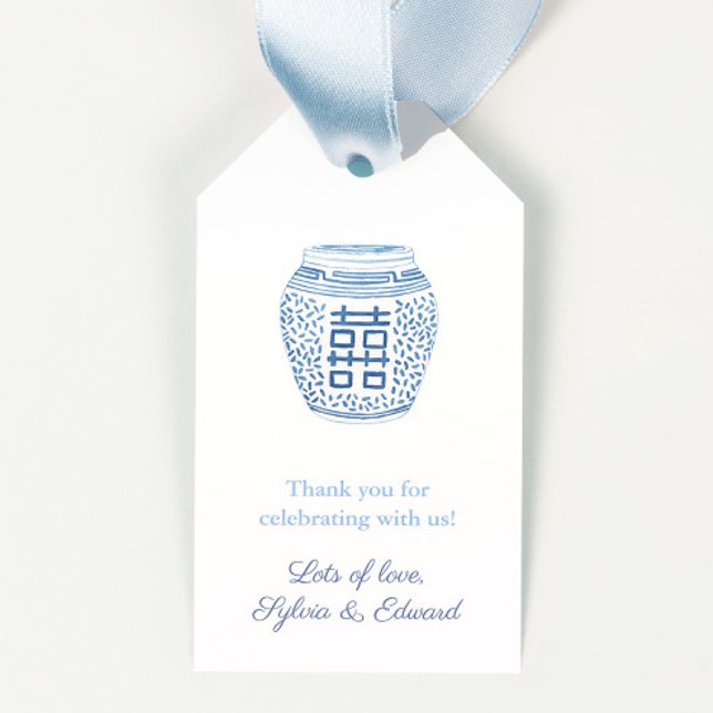 Étiquettes-cadeau Wedding shower Bleu Et Blanc Simple Et Élégant (Simple elegant hand painted blue and white ginger jar wedding or bridal shower favor tag design)